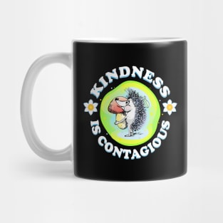 Kindness is contagious, positive quote, be kind life style, care, Little Hedgehog gives a mushroom. Be Kind. Cartoon style joyful illustration, kids gifts design. Mug